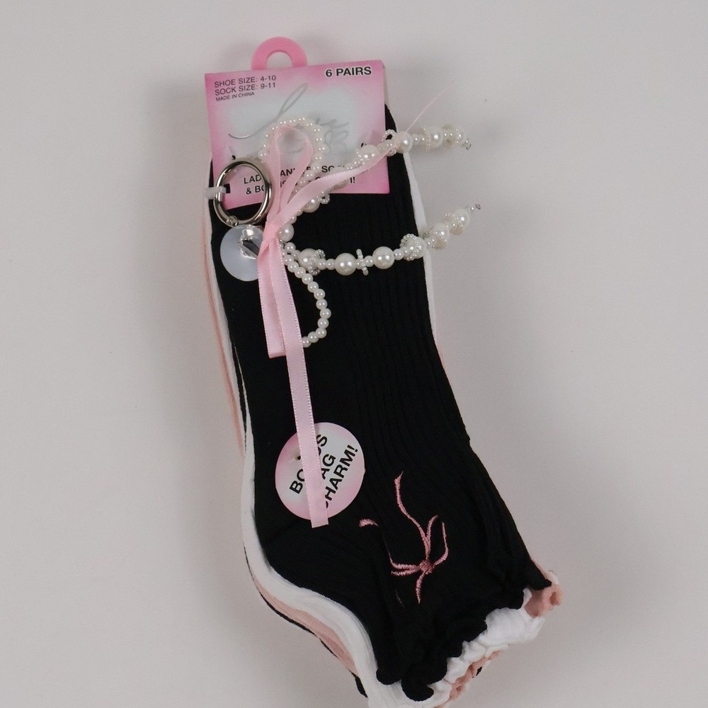 LFH Ankle Socks 6 Pack Lettuce Edge Ruffle Pearl Charm Black Pink White NWT